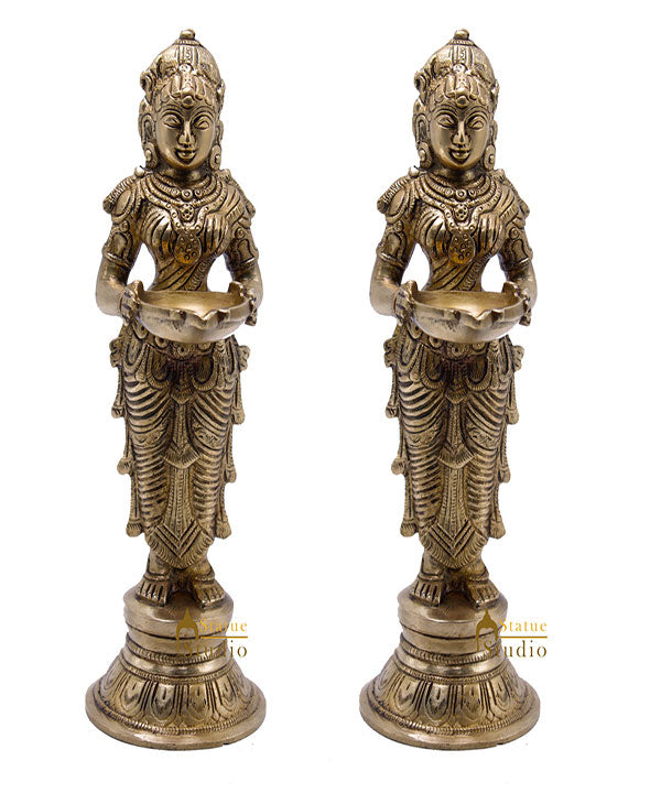Antique Brass Deeplakshmi Pair Statue For Pooja Room Home Décor And Gifting 9"
