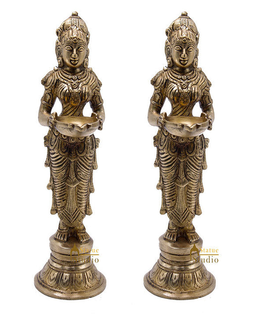 Antique Brass Deeplakshmi Pair Statue For Pooja Room Home Décor And Gifting 9"