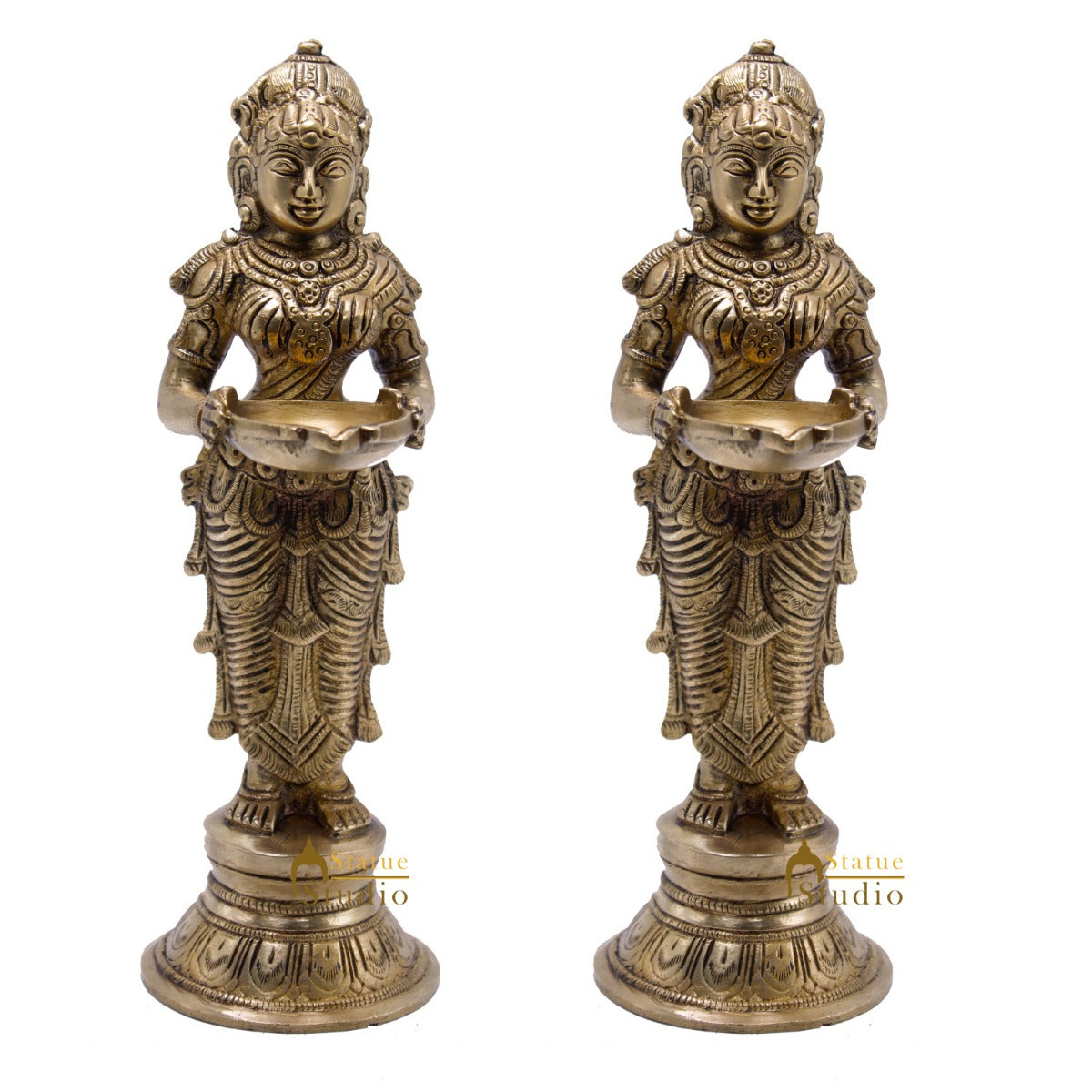 Antique Brass Deeplakshmi Pair Statue For Pooja Room Home Décor And Gifting 9"