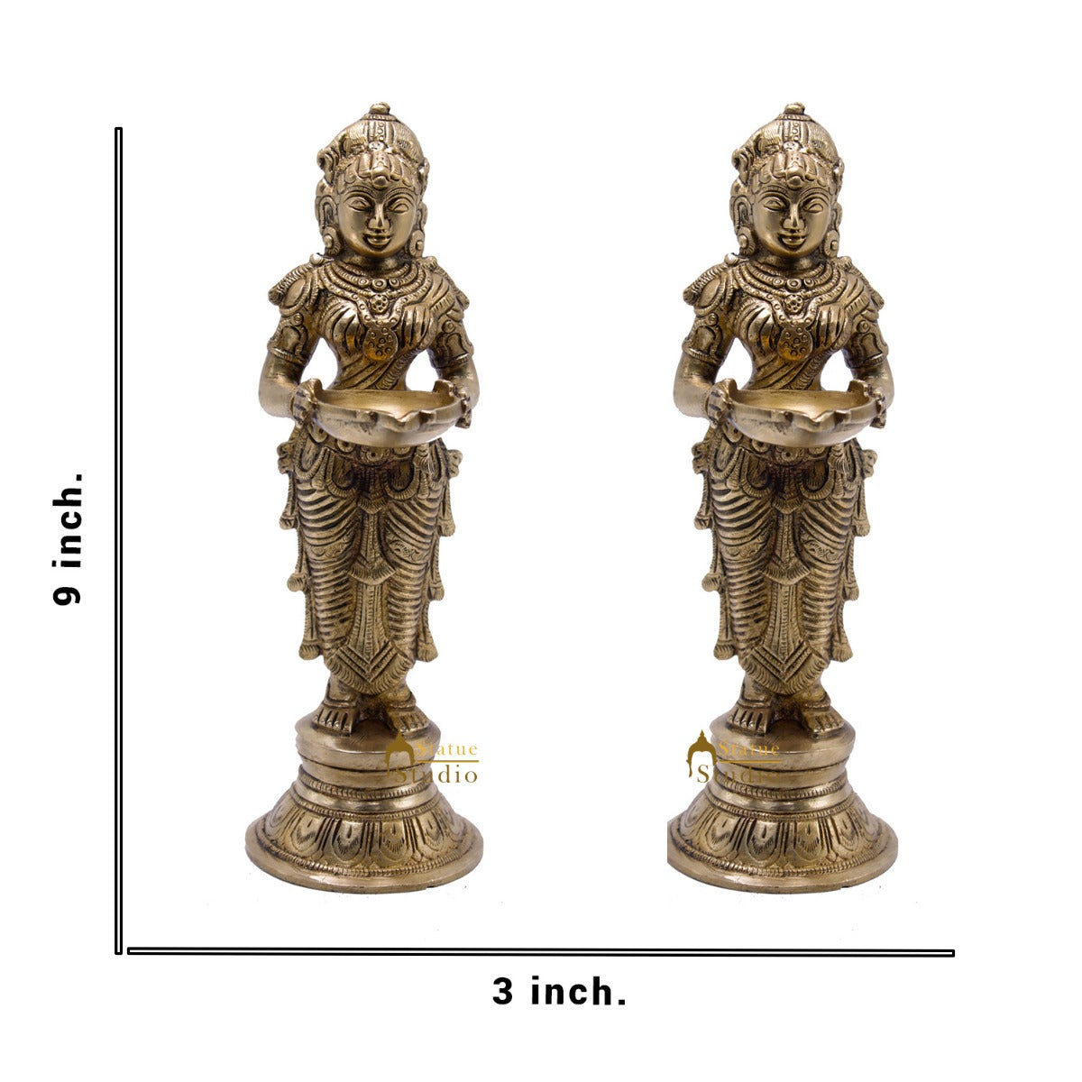 Antique Brass Deeplakshmi Pair Statue For Pooja Room Home Décor And Gifting 9" - Image 4