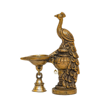 Brass Peacock Oil Lamp Diya Home Office Pooja Temple Diwali Décor Gift 6.5" by vendor-unknown - Spiritual (View 3)