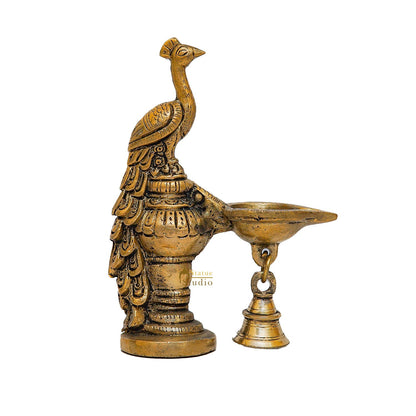 Brass Peacock Oil Lamp Diya Home Office Pooja Temple Diwali Décor Gift 6.5" by vendor-unknown - Spiritual (View 4)