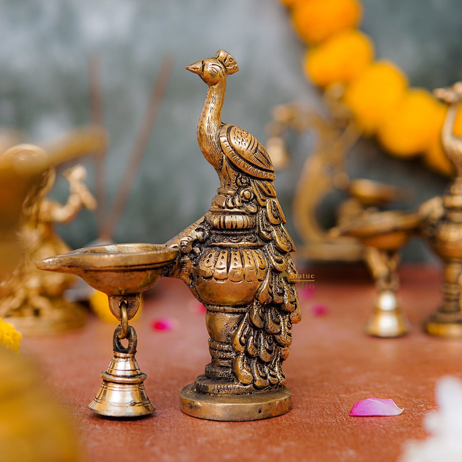 Brass Peacock Oil Lamp Diya Home Office Pooja Temple Diwali Décor Gift 6.5" - Image 2