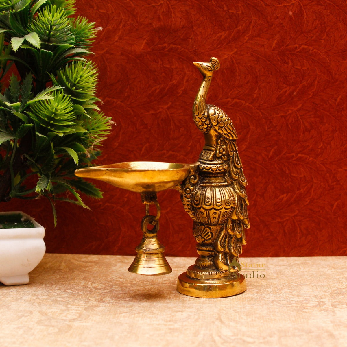 Brass Peacock Oil Lamp Diya Home Office Pooja Temple Diwali Décor Gift 6.5"