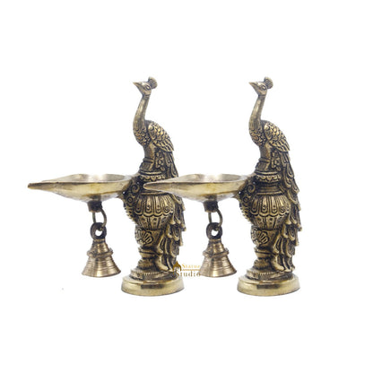 Brass Peacock Oil Lamp Diya Pair Home Office Pooja Temple Diwali Décor Gift 6.5" by vendor-unknown - Spiritual (View 3)
