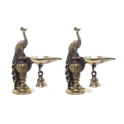 Brass Peacock Oil Lamp Diya Pair Home Office Pooja Temple Diwali Décor Gift 6.5" by vendor-unknown - Spiritual (View 4)