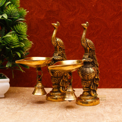 Brass Peacock Oil Lamp Diya Pair Home Office Pooja Temple Diwali Décor Gift 6.5" by vendor-unknown - Spiritual