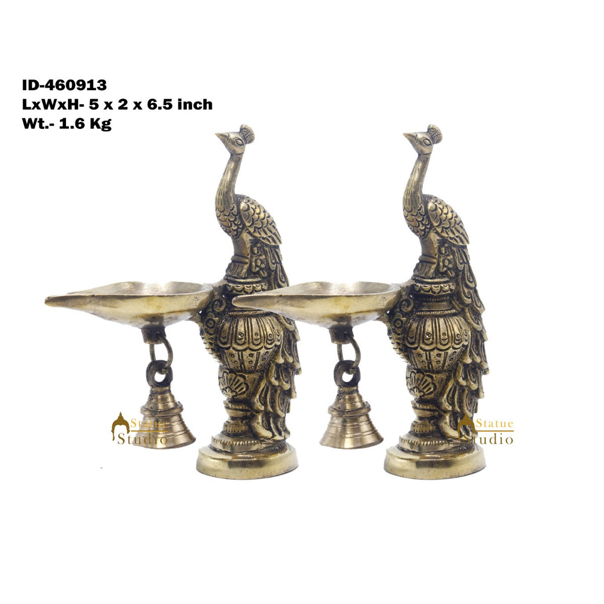Brass Peacock Oil Lamp Diya Pair Home Office Pooja Temple Diwali Décor Gift 6.5"