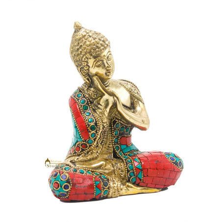 Brass Small Thinking Buddha Statue For Home Décor Diwali Gift 6" by vendor-unknown - Buddha (View 4)