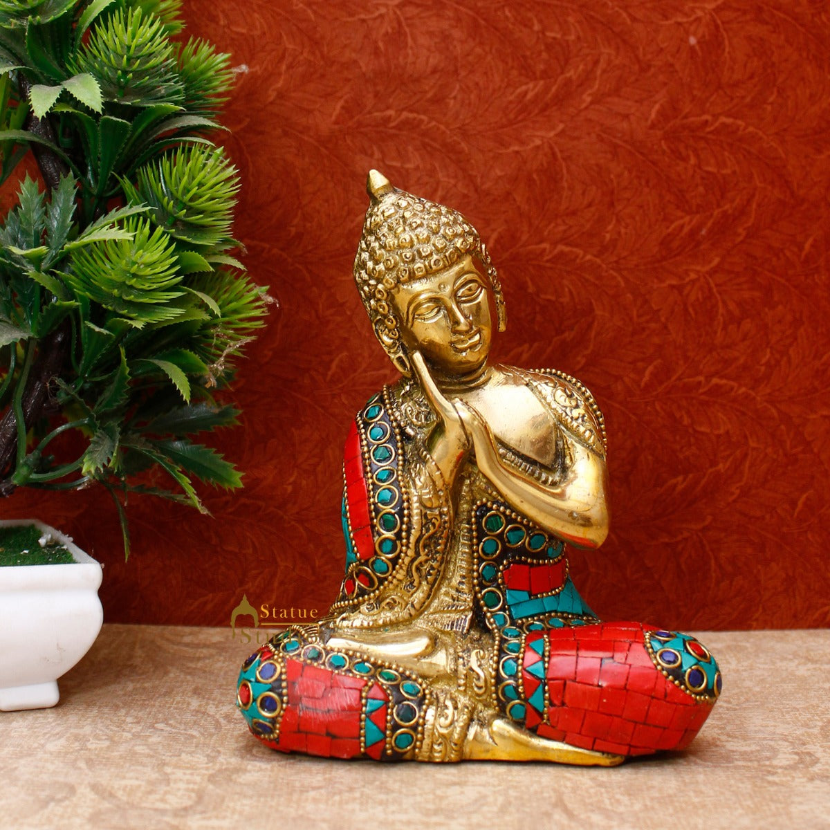 Brass Small Thinking Buddha Statue For Home Décor Diwali Gift 6" - Eco-friendly - Sama Homes