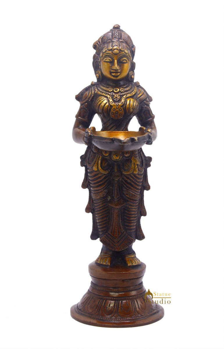 Brass Standing Deep Lady DeepLakshmi Idol For Home Temple Pooja Room Diwali Décor Statue 9" - Image 3