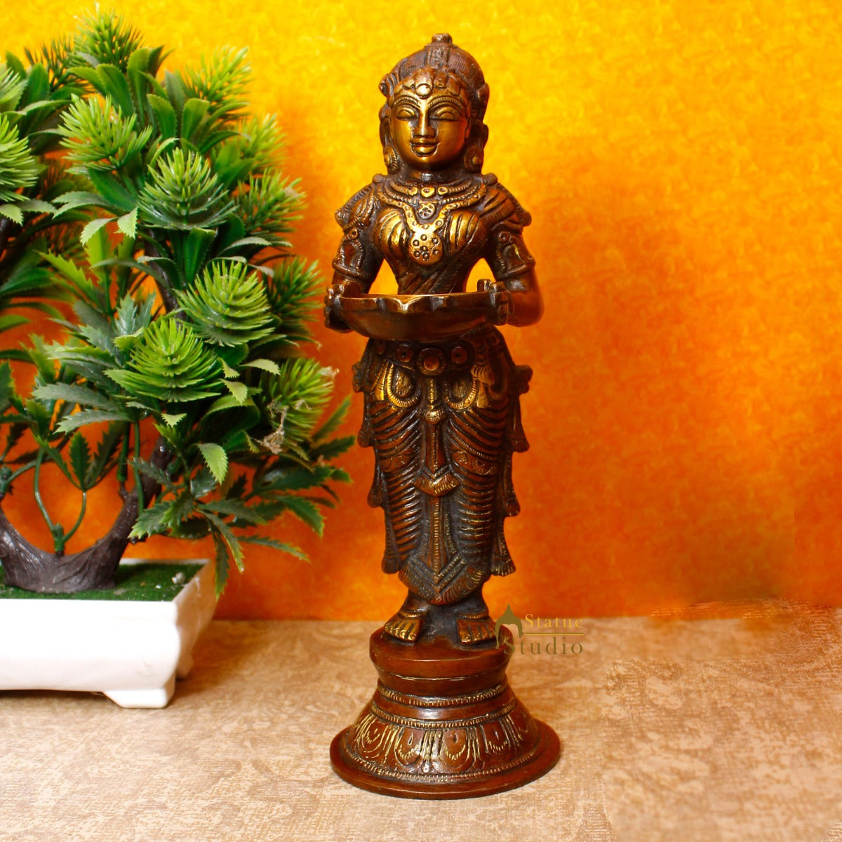 Brass Standing Deep Lady DeepLakshmi Idol For Home Temple Pooja Room Diwali Décor Statue 9" - Eco-friendly - Sama Homes