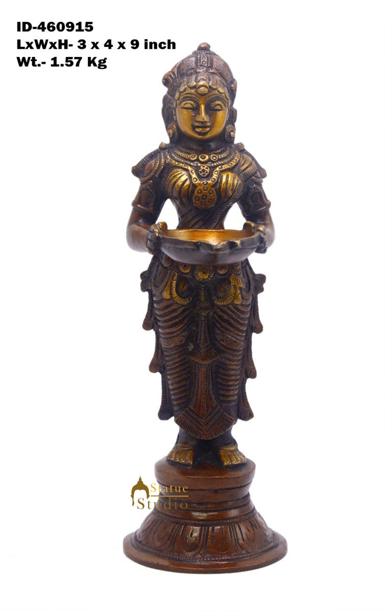 Brass Standing Deep Lady DeepLakshmi Idol For Home Temple Pooja Room Diwali Décor Statue 9" - Image 7
