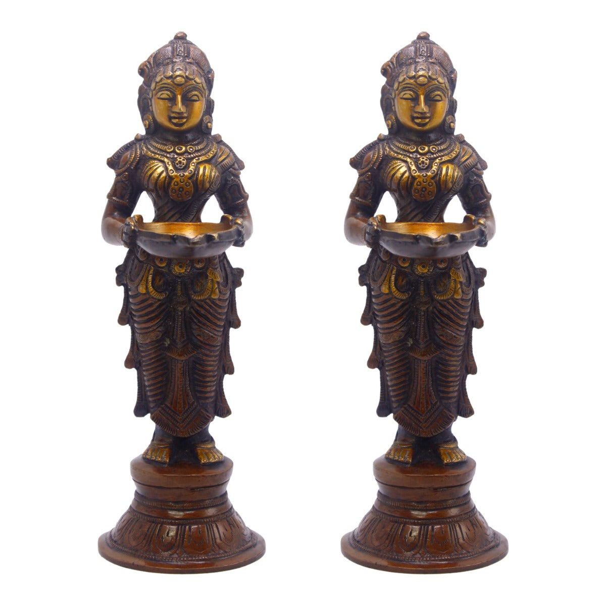 Brass Standing Deep Lady DeepLakshmi Idol Pair For Home Temple Pooja Room Diwali Décor Statue 9" - Image 3