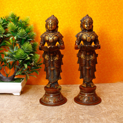 Brass Standing Deep Lady DeepLakshmi Idol Pair For Home Temple Pooja Room Diwali Décor Statue 9" by vendor-unknown - Spiritual
