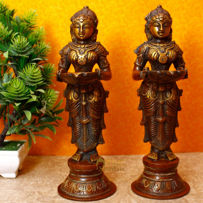 Brass Standing Deep Lady DeepLakshmi Idol Pair For Home Temple Pooja Room Diwali Décor Statue 9" by vendor-unknown - Spiritual (View 2)