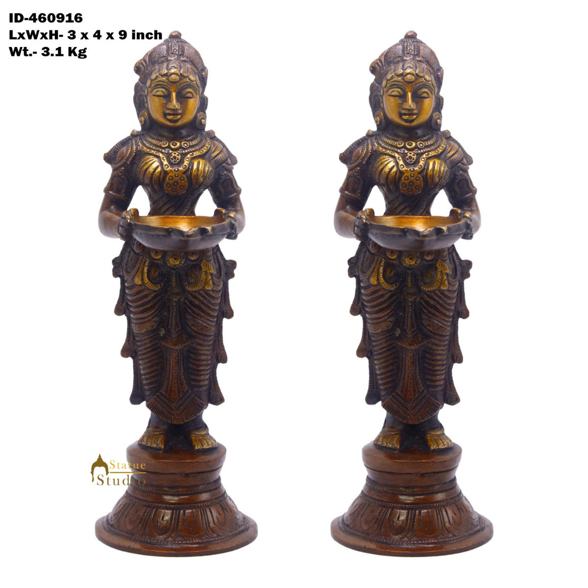 Brass Standing Deep Lady DeepLakshmi Idol Pair For Home Temple Pooja Room Diwali Décor Statue 9" - Image 5