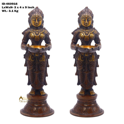 Brass Standing Deep Lady DeepLakshmi Idol Pair For Home Temple Pooja Room Diwali Décor Statue 9" by vendor-unknown - Spiritual (View 5)