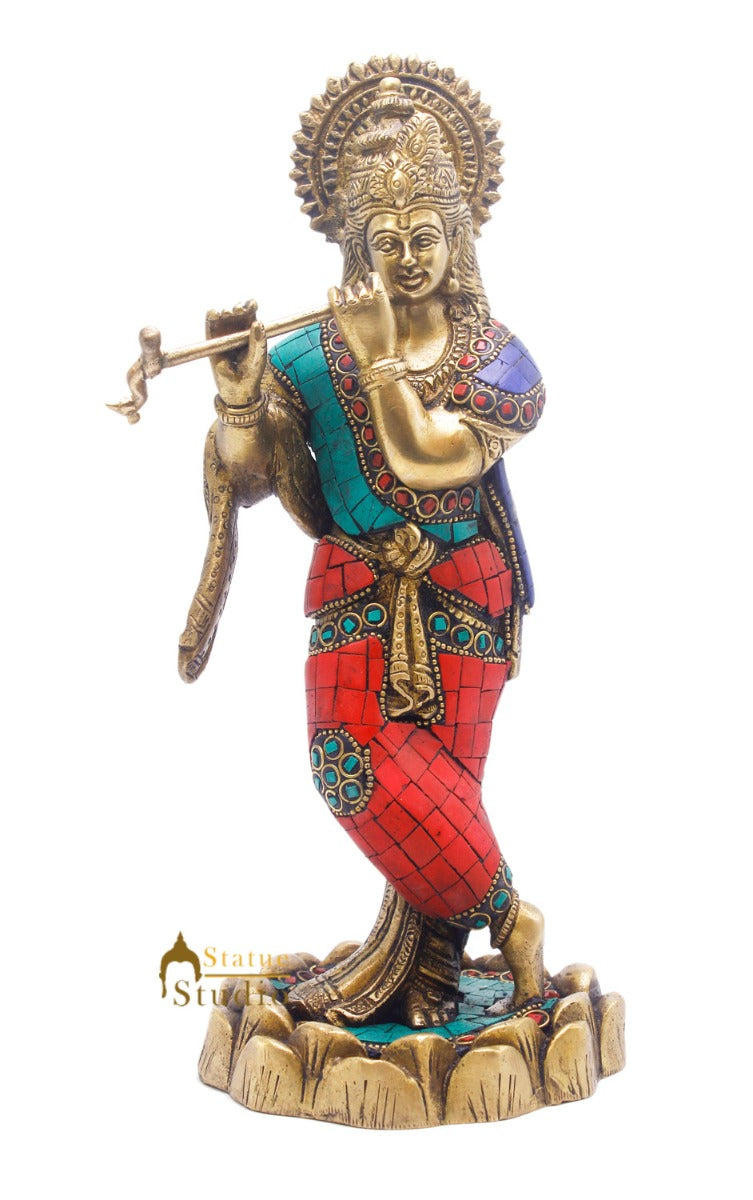 Brass Krishna Idol For Home Temple Religious Décor Lucky Gift Statue 10"