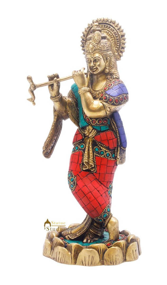 Brass Krishna Idol For Home Temple Religious Décor Lucky Gift Statue 10" - Image 4