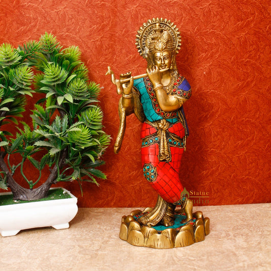 Brass Krishna Idol For Home Temple Religious Décor Lucky Gift Statue 10"