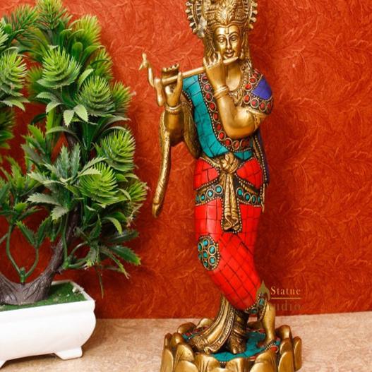 Brass Krishna Idol For Home Temple Religious Décor Lucky Gift Statue 10" - Image 2