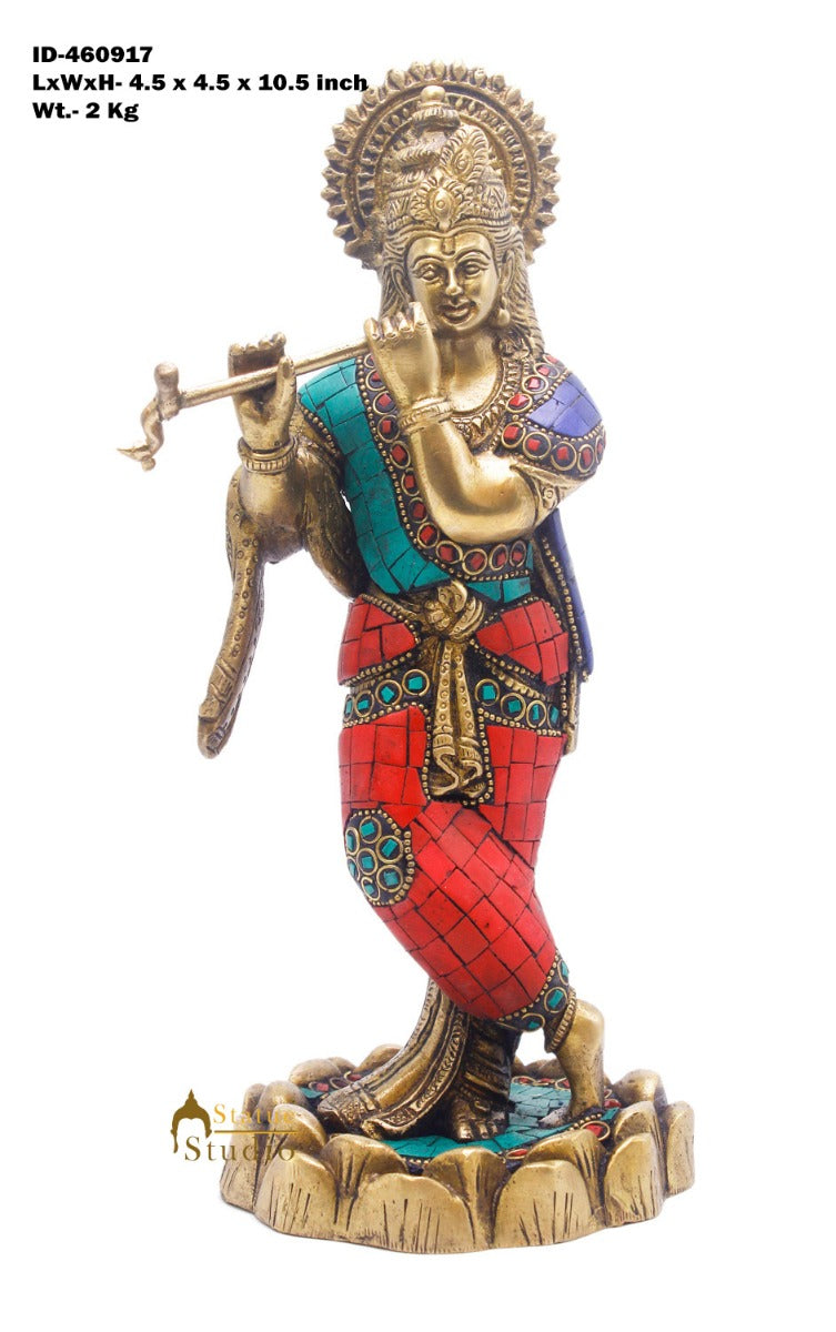 Brass Krishna Idol For Home Temple Religious Décor Lucky Gift Statue 10" - Image 7