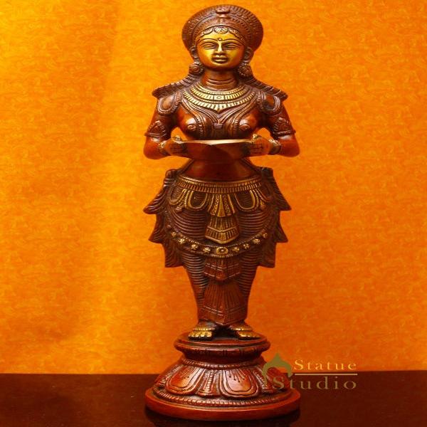 Brass Standing Deep Lady DeepLakshmi Idol For Home Temple Pooja Room Diwali Décor Statue 13"