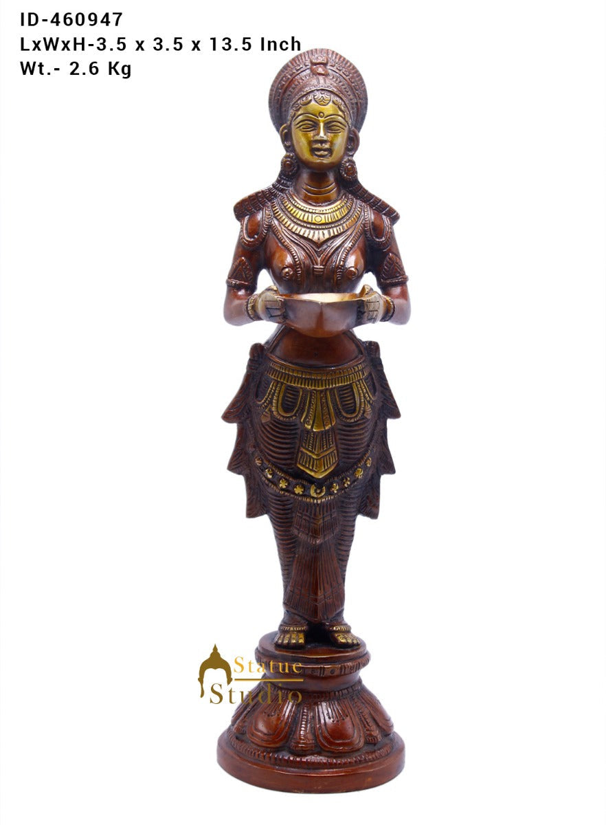 Brass Standing Deep Lady DeepLakshmi Idol For Home Temple Pooja Room Diwali Décor Statue 13" - Image 7