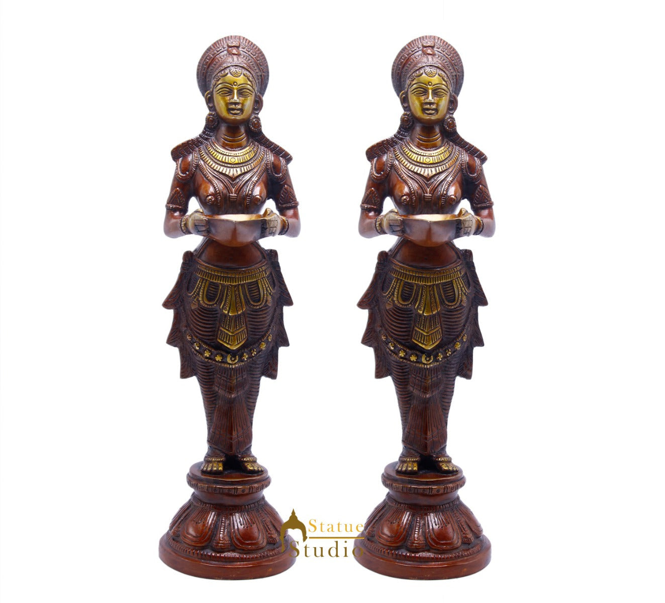 Brass Standing Deep Lady DeepLakshmi Idol Pair For Home Temple Pooja Room Diwali Décor Statue 13" - Image 4