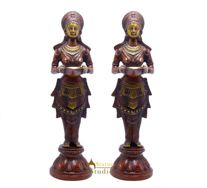 Brass Standing Deep Lady DeepLakshmi Idol Pair For Home Temple Pooja Room Diwali Décor Statue 13" by vendor-unknown - Spiritual (View 4)