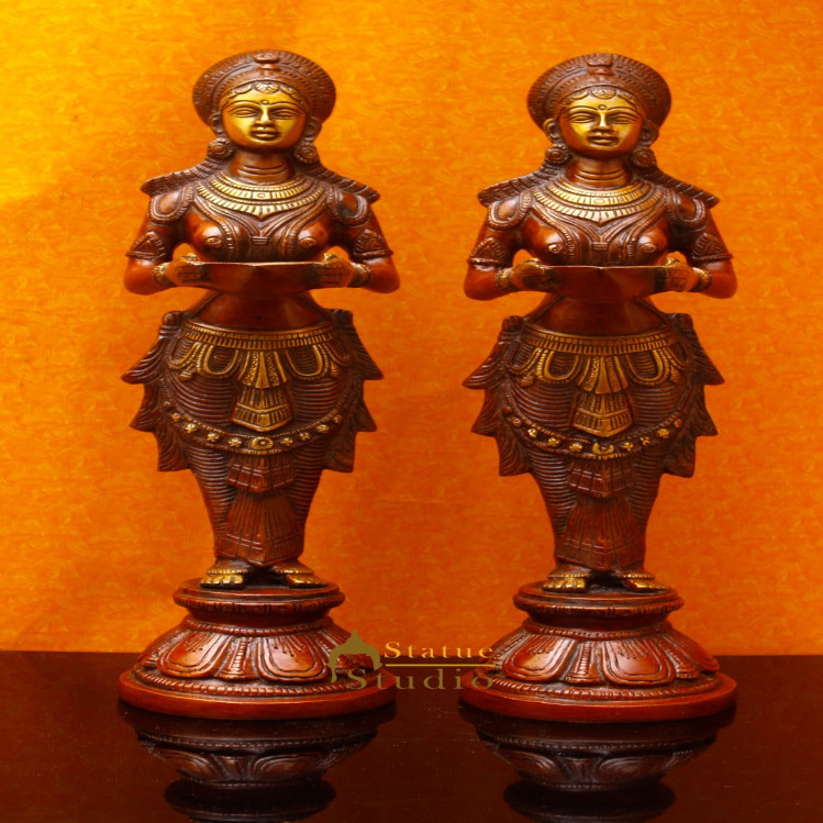 Brass Standing Deep Lady DeepLakshmi Idol Pair For Home Temple Pooja Room Diwali Décor Statue 13"