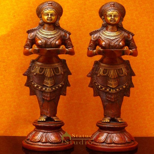 Brass Standing Deep Lady DeepLakshmi Idol Pair For Home Temple Pooja Room Diwali Décor Statue 13" - Image 2