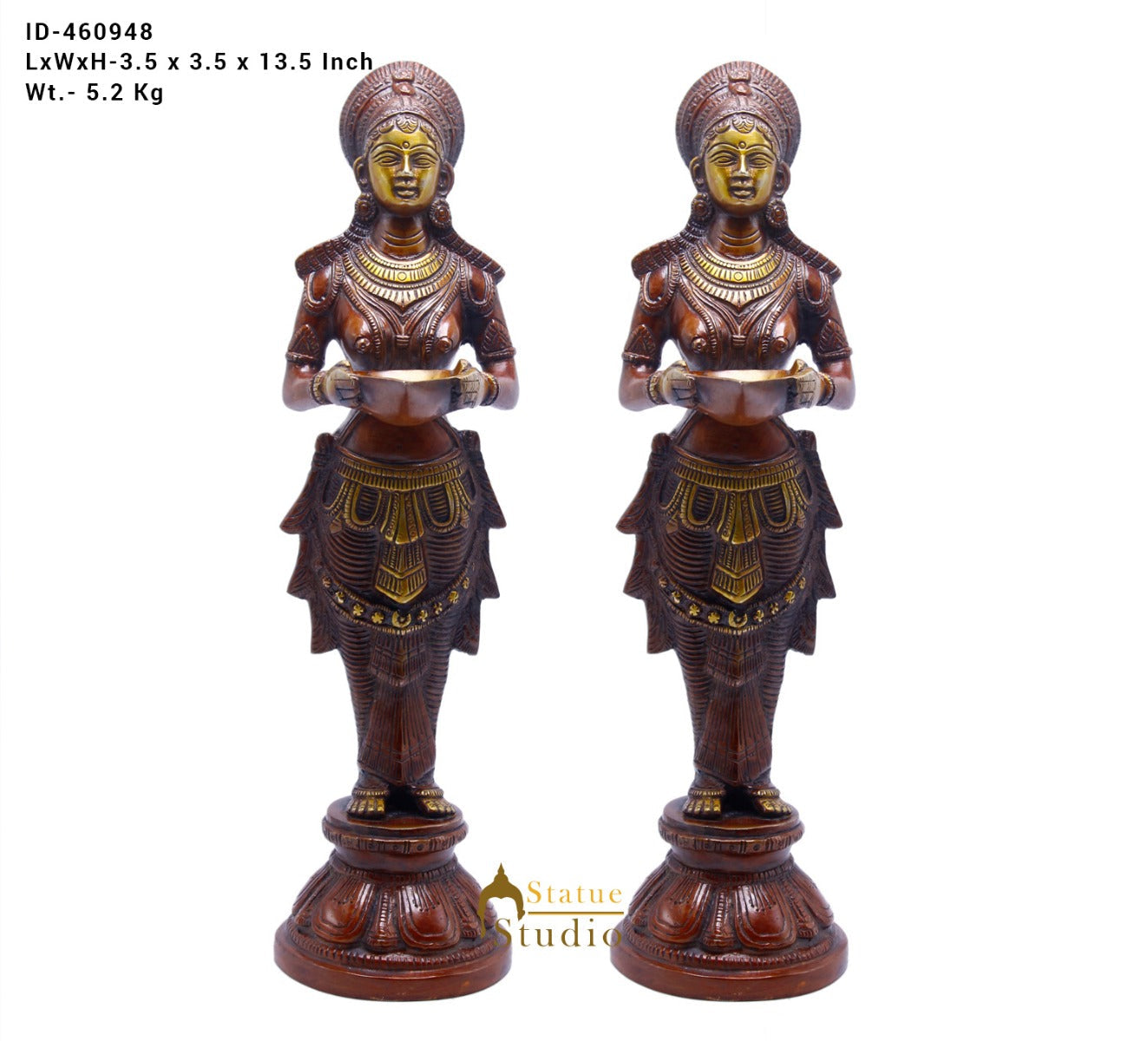 Brass Standing Deep Lady DeepLakshmi Idol Pair For Home Temple Pooja Room Diwali Décor Statue 13" - Image 6