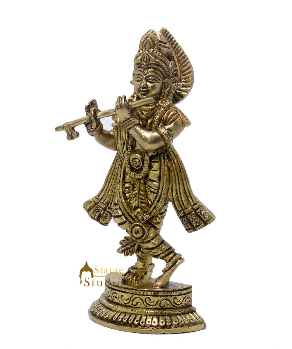 Brass Krishna Idol For Home Temple Religious Décor Lucky Gift Statue 6" - Image 4