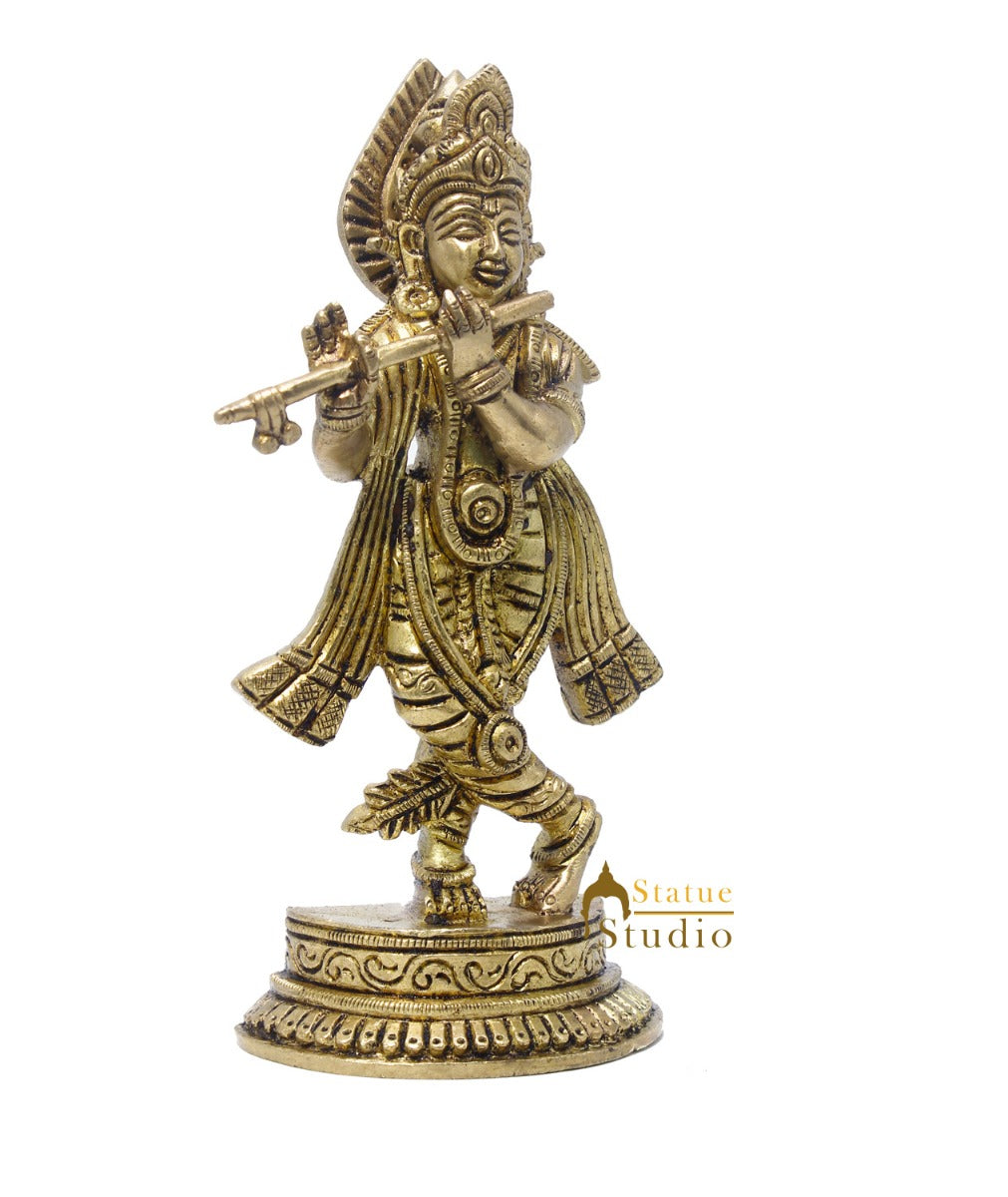 Brass Krishna Idol For Home Temple Religious Décor Lucky Gift Statue 6" - Image 5
