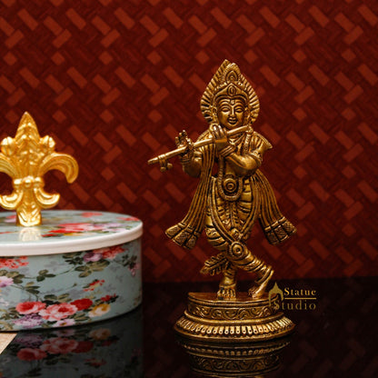 Brass Krishna Idol For Home Temple Religious Décor Lucky Gift Statue 6" by vendor-unknown - Hindu Gods