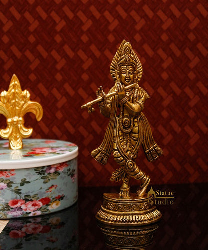 Brass Krishna Idol For Home Temple Religious Décor Lucky Gift Statue 6" by vendor-unknown - Hindu Gods (View 2)