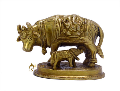 Brass Small Cow With Calf Statue For Religious Home Temple Décor Gift Idol 2.75" by vendor-unknown - Spiritual (View 3)