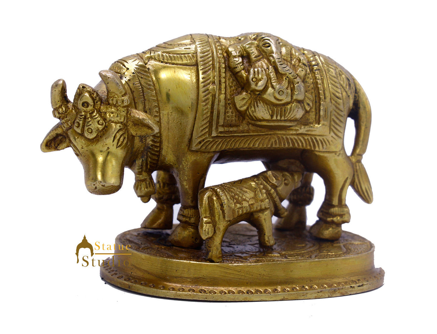 Brass Small Cow With Calf Statue For Religious Home Temple Décor Gift Idol 2.75"