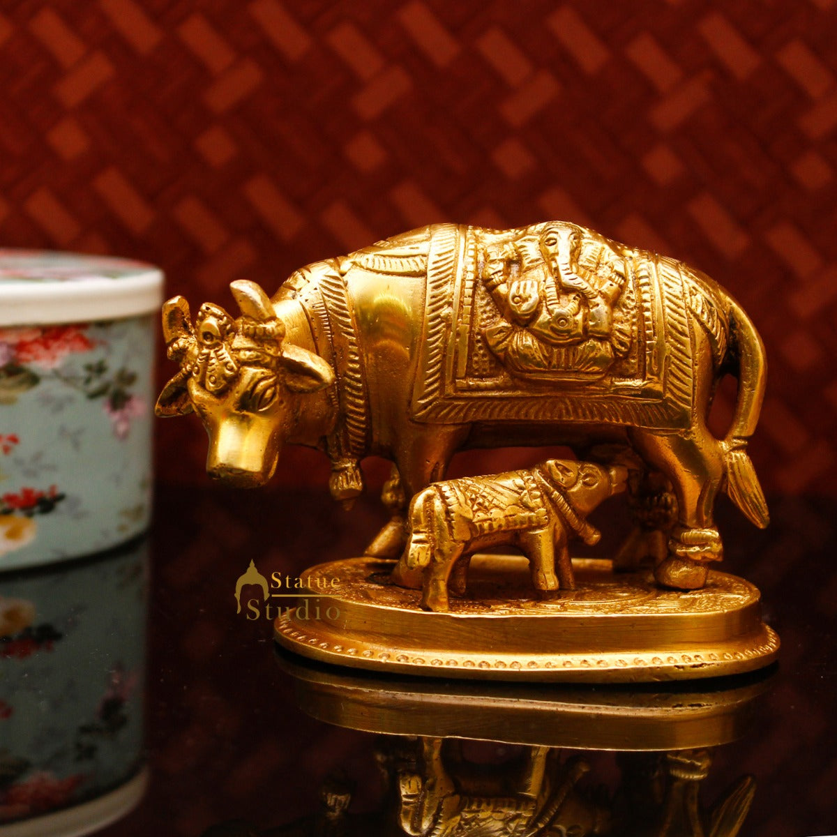 Brass Small Cow With Calf Statue For Religious Home Temple Décor Gift Idol 2.75"