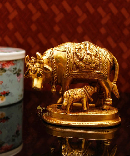 Brass Small Cow With Calf Statue For Religious Home Temple Décor Gift Idol 2.75" by vendor-unknown - Spiritual (View 2)