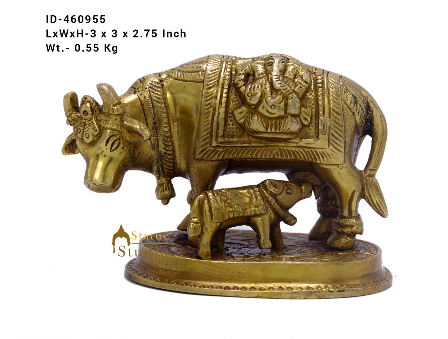 Brass Small Cow With Calf Statue For Religious Home Temple Décor Gift Idol 2.75"