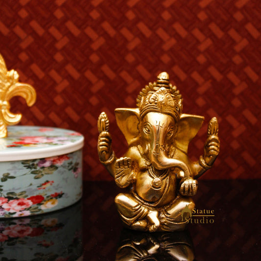 Brass Small Lucky Ganesha Idol 4 Inch