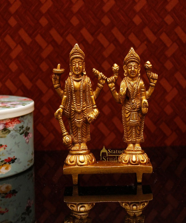 Brass Vishnu Lakshmi Idol Statue For Home Temple Pooja Room Décor 4" - Image 2