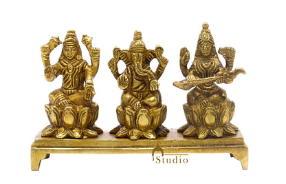 Brass Ganesha Lakshmi Saraswati Idol Statue For Home Temple Diwali Pooja Room Décor 3" by vendor-unknown - Hindu Gods (View 3)