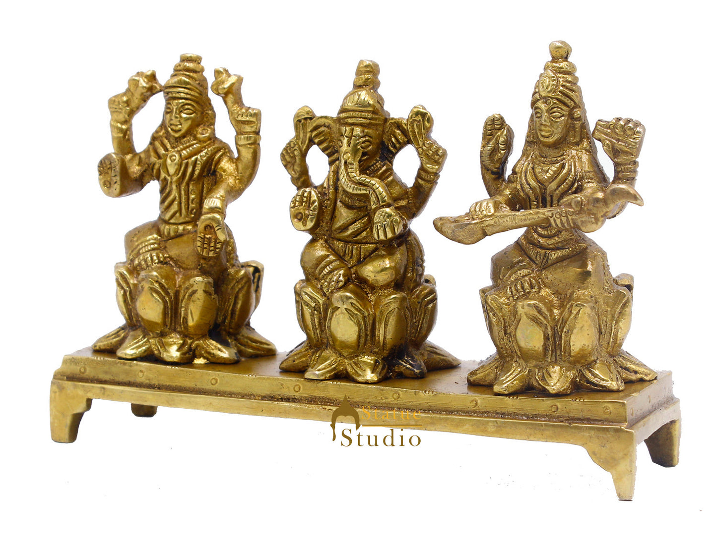 Brass Ganesha Lakshmi Saraswati Idol Statue For Home Temple Diwali Pooja Room Décor 3"