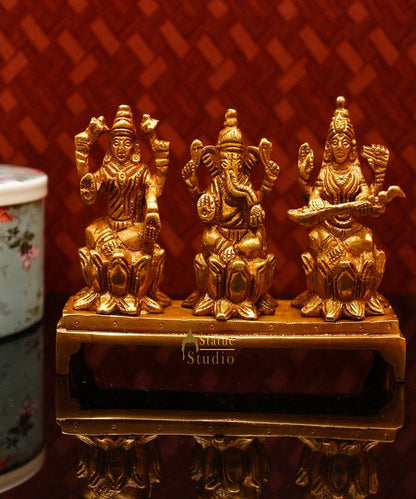 Brass Ganesha Lakshmi Saraswati Idol Statue For Home Temple Diwali Pooja Room Décor 3" by vendor-unknown - Hindu Gods (View 2)