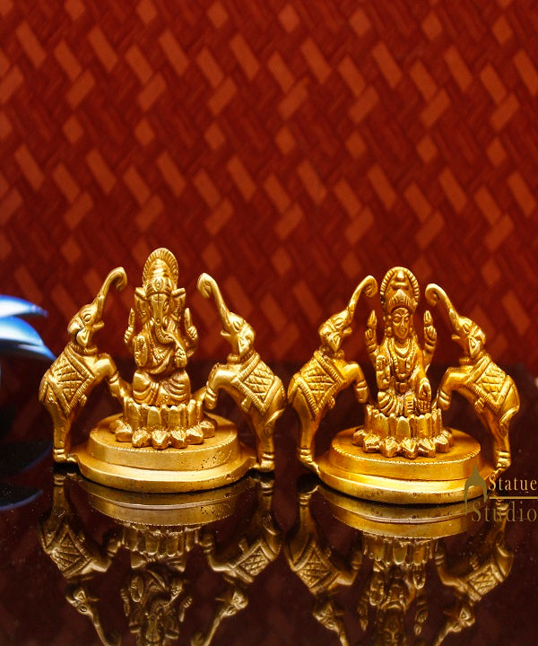 Brass Ganesha Lakshmi Idol For Home Temple Pooja Room Diwali Décor Statue Gift 2.5"