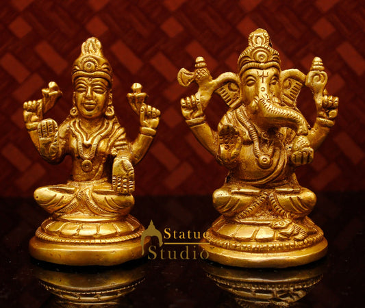 Brass Ganesha Lakshmi Idol For Home Temple Pooja Room Diwali Décor Statue Gift 3"
